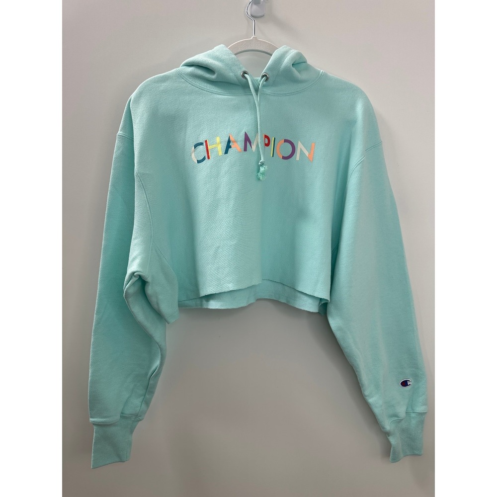 NWOT Champion Reverse Weave Cropped Cut Off Hoodie Sweatshirt Blue M Oversized - Picture 2 of 11